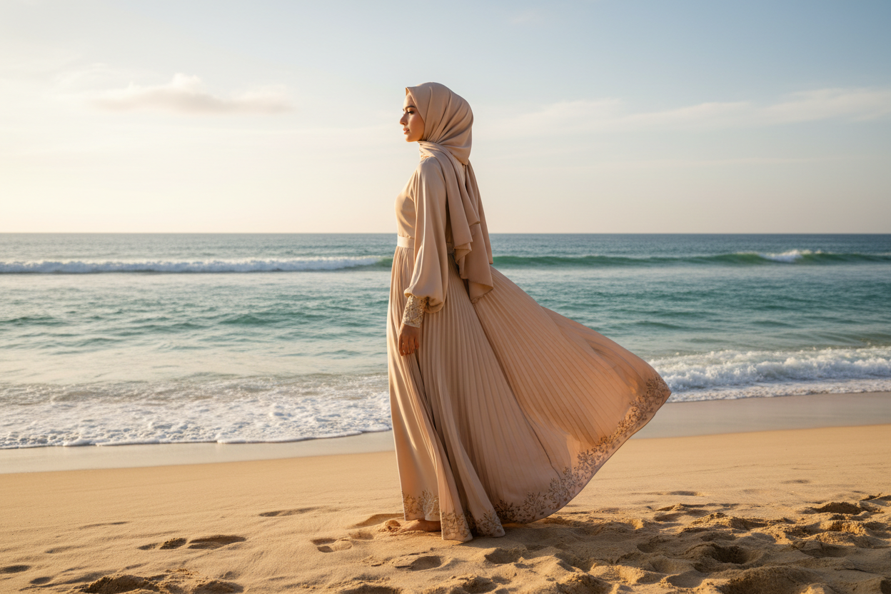 Modest fashion model in beige dress at beach
